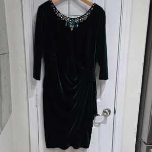 Alex Evening Dark Green Velvet Dress with Embellished Neckline Size 18